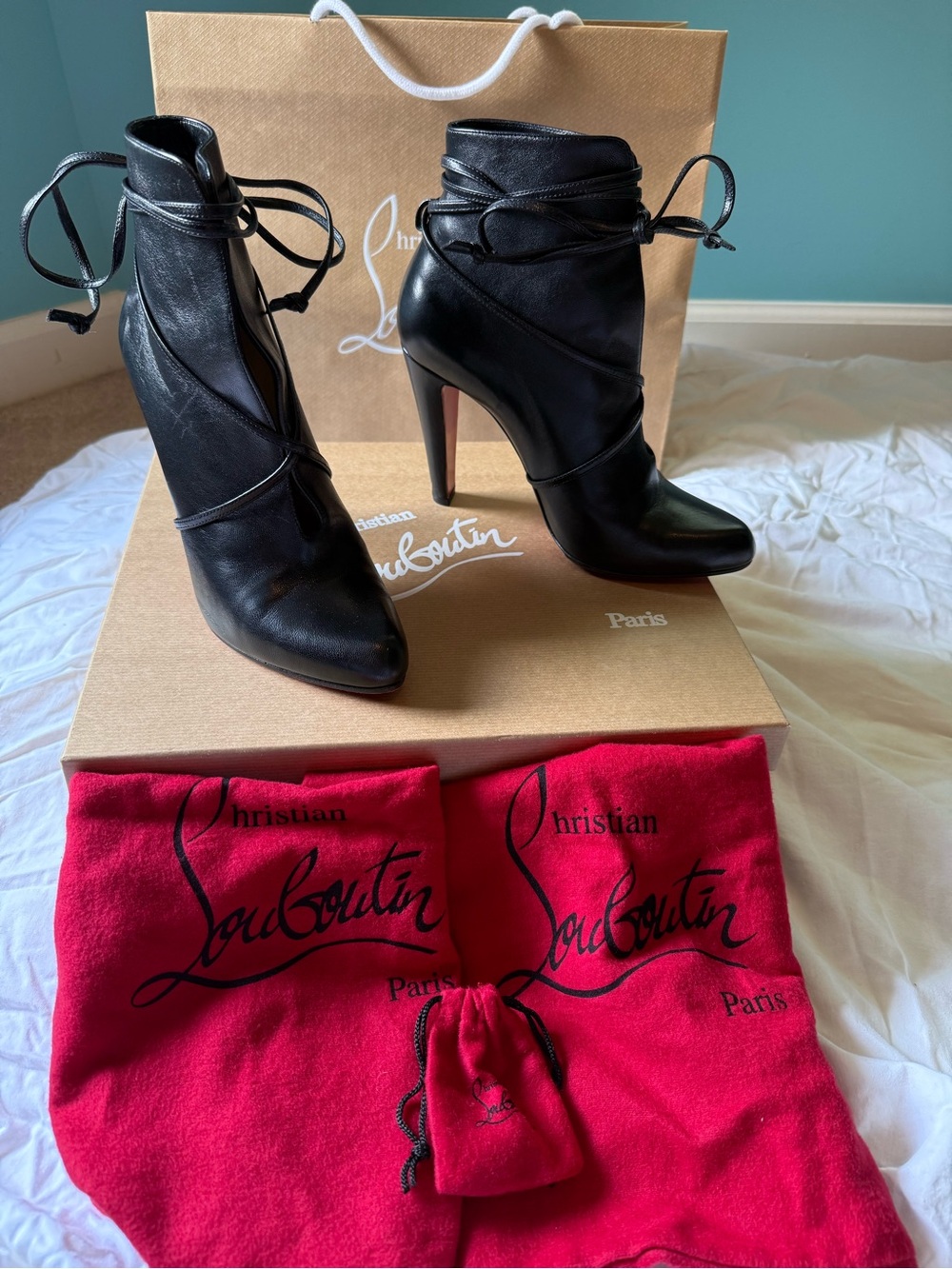 RARE! Christian Louboutin S.I.T. Rain Leather High-Heel Ankle Boots w/ Wrap Ties